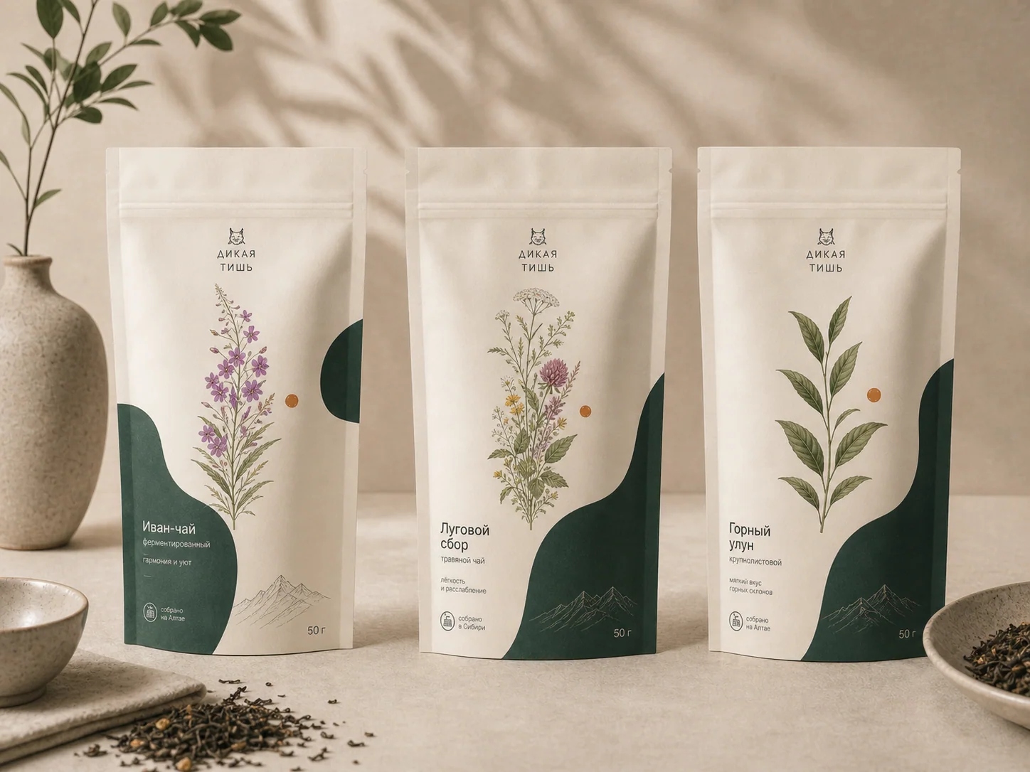 Светлая серия упаковки чая «Дикая тишь»